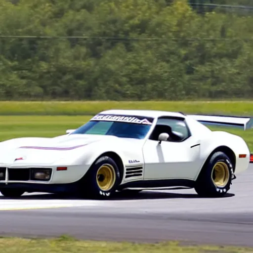 Prompt: a 1 9 7 6 chevrolet corvette greenwood imsa gt driving on a racetrack