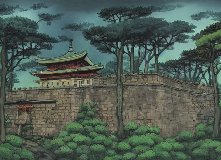 Image similar to japanese fortress in a city inside the forest by studio ghibli painting