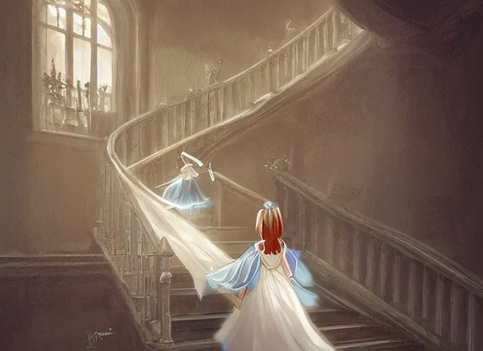 Image similar to a princess runing down a stair, cinderella, magical, crystal, detailed, night, 3 d, octance render, by wlop