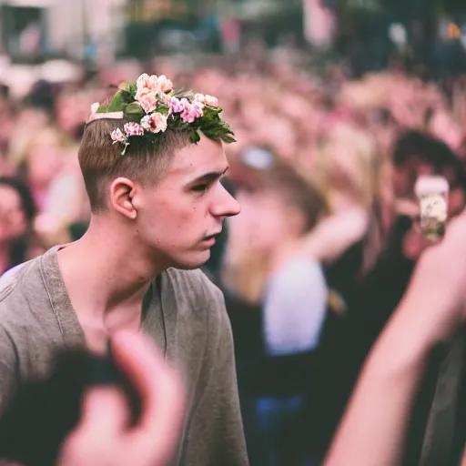 Image similar to kodak portra 4 0 0 photograph of a skinny blonde guy standing in a crowd, back view, flower crown, moody lighting, moody vibe, telephoto, 9 0 s vibe, blurry background, vaporwave colors, faded!,