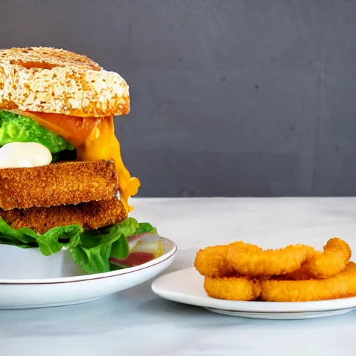 Prompt: sandwich with fried tofu, one red tomato slice, mayonnaise, one fried onion ring, smashed avocado, melted cheddar, in a red dish, background with saturn and stars in the sky