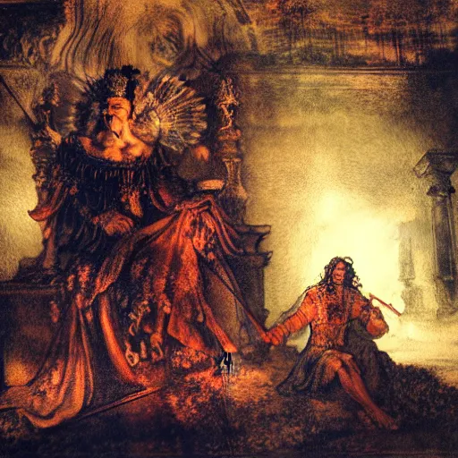 Prompt: Hades and Persephone sitting on their throne in the underworld, painting by rembrandt, dark background, set designed by guillermo del toro