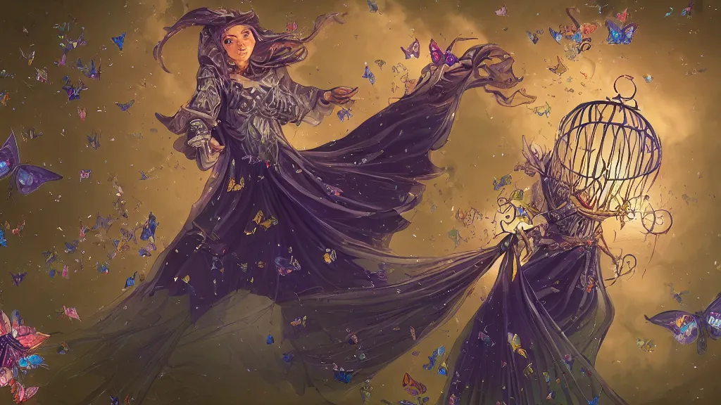 Prompt: wizard with a cape holding a cage, with a swarm of butterflies fluttering out, detailed digital 2d fantasy art