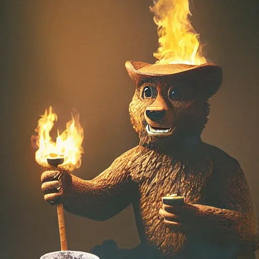 Image similar to UHD candid photo of Smokey The Bear in the lavatory sitting on a porcelain throne, playing with fire, by Annie leibowitz, photorealisitc, extremely detailed