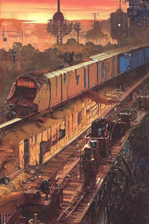 Image similar to trains covered in dripping graffiti paint, by lawrence alma tadema and zdzislaw beksinski and norman rockwell and jack kirby and tom lovell and greg staples and hiroshi yoshid and moebius and loish and artgerm, painterly, symmetrical, ultra detailed, hyper realistic, illustration, sunset lighting