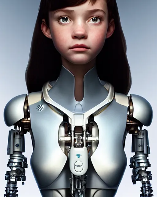 Image similar to weta disney pixar movie still head and torso portrait photo of young millie alicia bobby vikander brown as thoughtful intricate detailed mechanical white plastic cyborg girl by pixar, by weta, wlop, ilya kuvshinov, rossdraws, artgerm, latex, iridescent, bright morning, anime, liosh, mucha