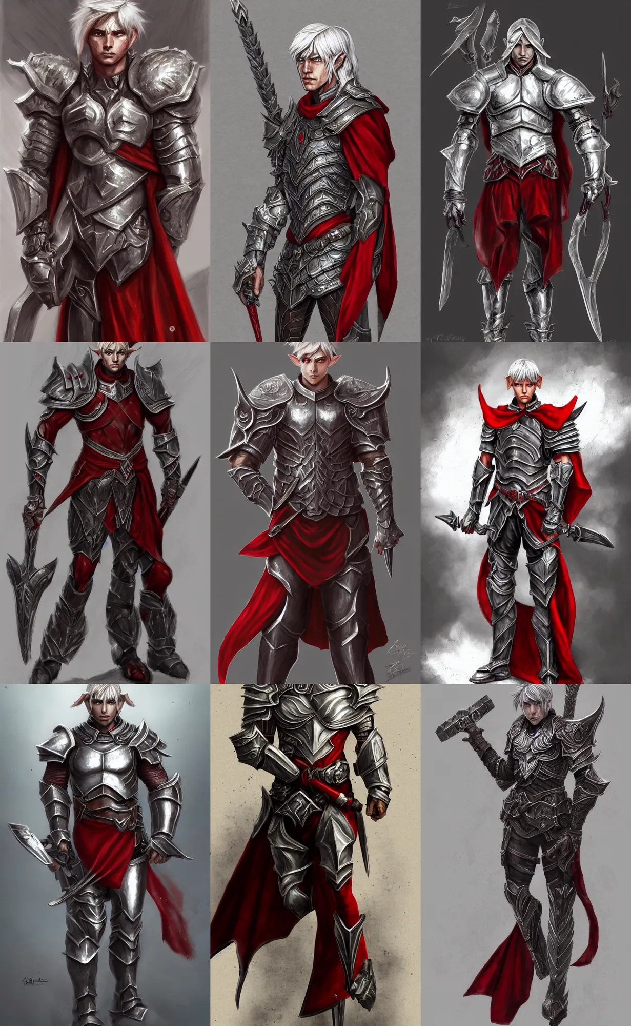 Prompt: A full body illustration of a male elf, short silver hair, red eyes, wearing heavy armor, lean but muscular, attractive, command presence, royalty, weathered face, gritty, hard shadows, smooth, illustration, concept art, highly detailed, muscle definition, ArtStation, ArtStation HQ