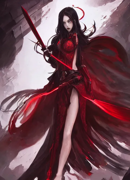 Image similar to a highly detailed illustration of elegant hime cut long black haired woman wearing red and black battle dress, heroically wielding black blade pose, with red magic surrounding her, intricate, elegant, highly detailed, centered, digital painting, artstation, concept art, smooth, sharp focus, league of legends concept art, WLOP