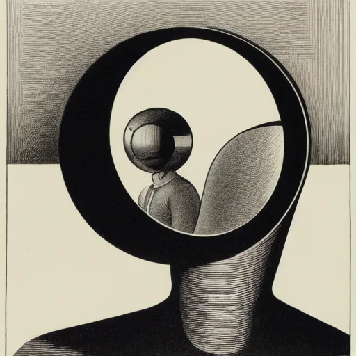 Prompt: self portrait of an AI staring into a metal sphere mirror by MC Escher, lithograph