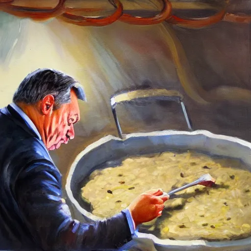 Prompt: viktor orban making sausage, oil painting