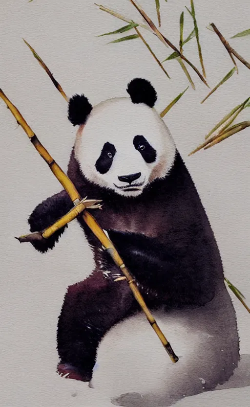 Image similar to a watercolor painting of a panda eating bamboo, dynamic lighting, photorealistic, ambient lighting, atmospherical, stunning visuals, trending on art station