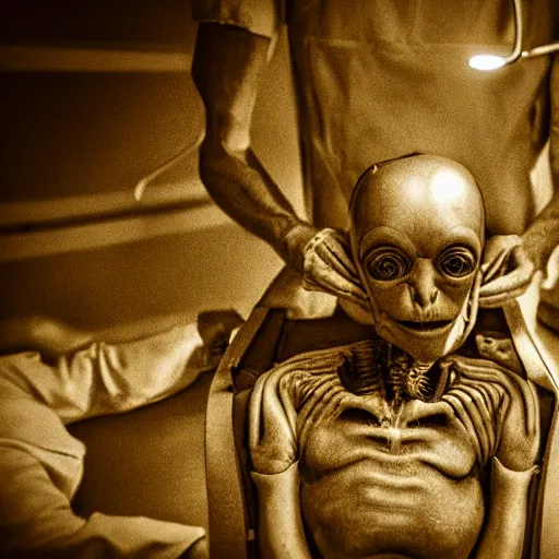 Image similar to an alien autopsy, realistic, vintage, grainy, old style photo, sepia, dark, medical lighting, masked doctors, clear alien face