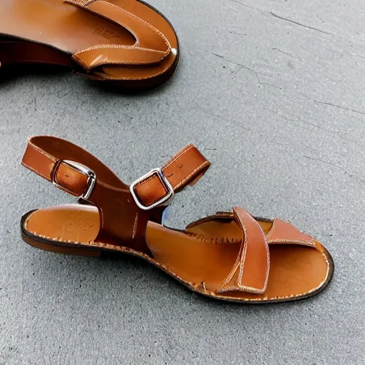 Prompt: sperry brown leather sandals with extremely long toe points, photorealistic