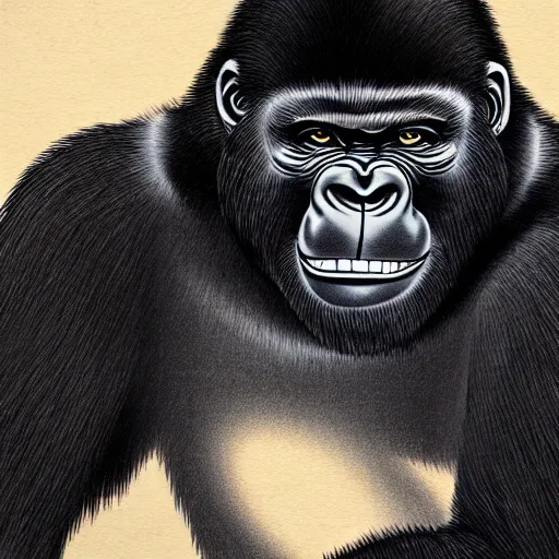 Image similar to japanese ink block painting of a gorilla, 4 k, hyper realistic, dslr, high resolution, landscape, beautiful