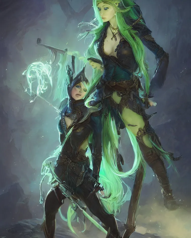 Image similar to portrait of a fantasy half - elf girl with green and blue balayage hair, holding a flintlock pistol, rapier on side, elven clothing, thigh high boots, glowing aura, 4 k, matte painting, greg rutkowski, artstation, concept art