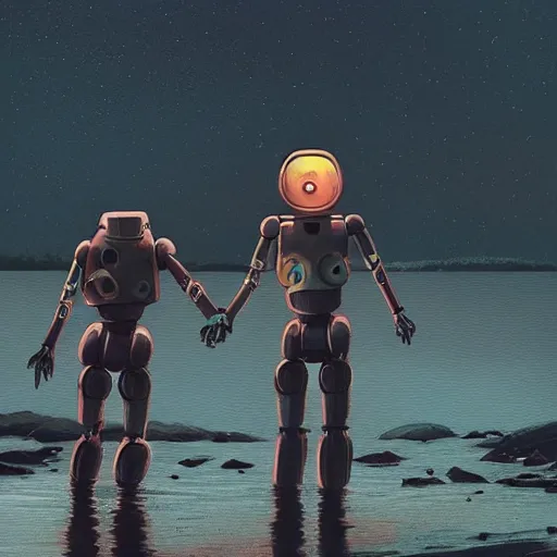 Image similar to Beautiful cinematic scene of a couple of two damaged and broken humanoid robots holding hands near a river, at night, peaceful, science fiction, award-winning, cinematic lighting, insanely detailed, very realistic, Artstation, Cgsociety, by Simon Stalenhag, directed by Denis Villeneuve, filmic