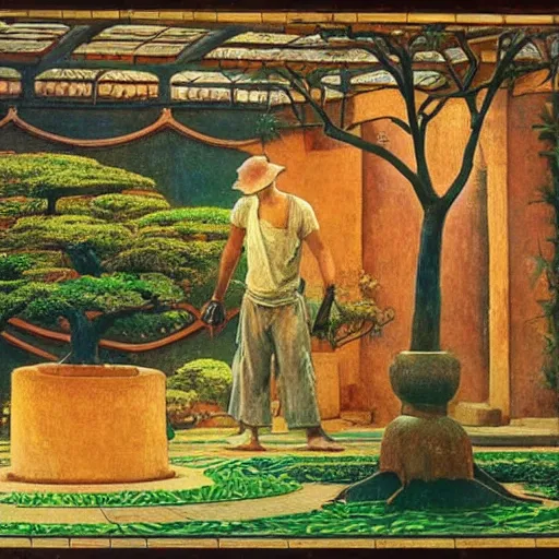 Image similar to Old African gardener cutting bonsai trees, isyllic Garden, by Annie Swynnerton and Nicholas Roerich and jean delville, glowing paper lanterns, strong dramatic cinematic lighting , ornate tiled architecture, lost civilizations, smooth, sharp focus, extremely detailed