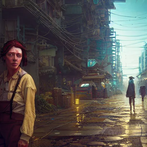 Prompt: A solarpunk very detailed farmer on the street of a very detailed solarpunk city art by Greg Rutkowski, neofuturistic highly detailed, digital art, smooth cyan gold light, sharp focus, Golden Ratio illustration, realistic concept art by Stephen Hickman and James Gurney and Hiromasa Ogura Ghost in the Shell rendered in Octane Render