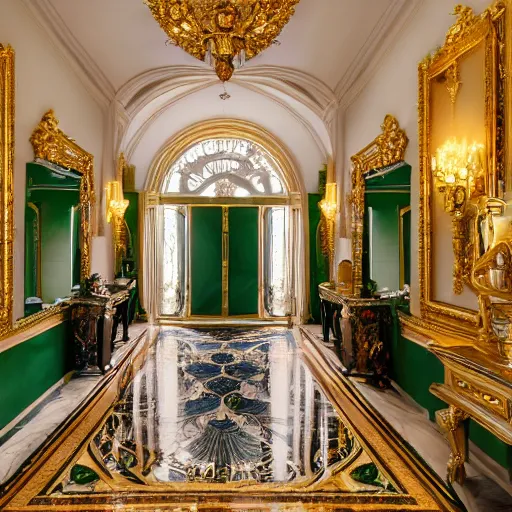 Image similar to a realistic photo of a large lavish victorian style mansion entrance hall made entirely of malachite with golden accents on the walls, and a dark marble floor; cinematic lens, 8K award-winning photo