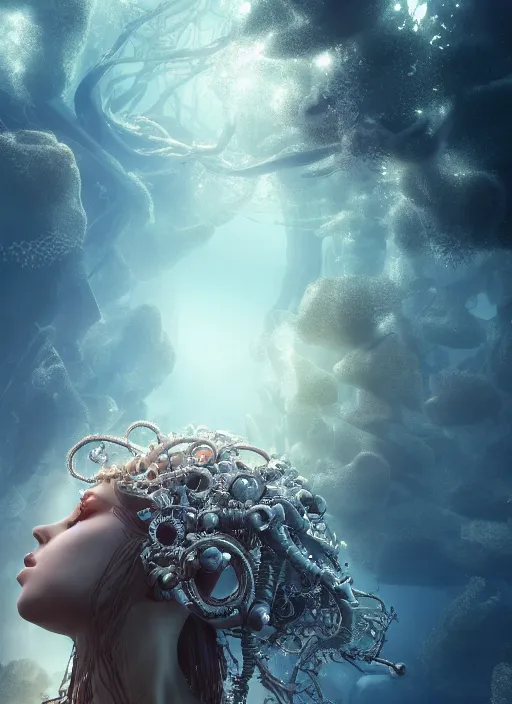 Image similar to beauteous underwater biomechanical incredible hair, crystalline masterpiece incrustations, hyperdetailed face, elegant pose, movie still, intricate, octane render, cinematic forest lighting, cgsociety, unreal engine, crepuscular rays, god rays, caustic lighting