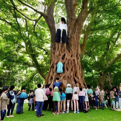 Image similar to composed celadon by hayao miyazaki, by jacob hashimoto. sculpture. a group of people gathered around a large tree in a forest. the tree is surrounded by a bright light, & the people appear to be looking up at it in wonder.