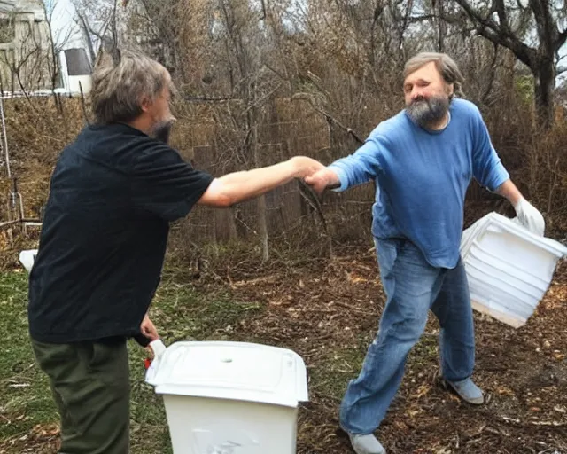 Image similar to slavoj zizek stealing trash from a racoon near a trash container