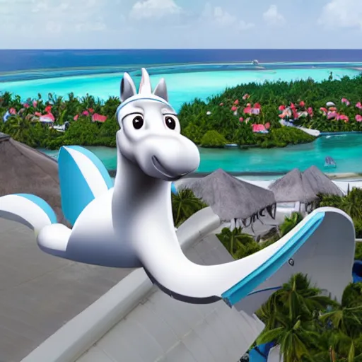 Image similar to a cartoon horse got on top of the roof of a plane, and flies it to the maldives, the islands, style of cartoon, disney studio,