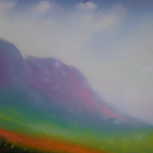 Image similar to impressionistic oil painting of rainbow - hued fog over a valley