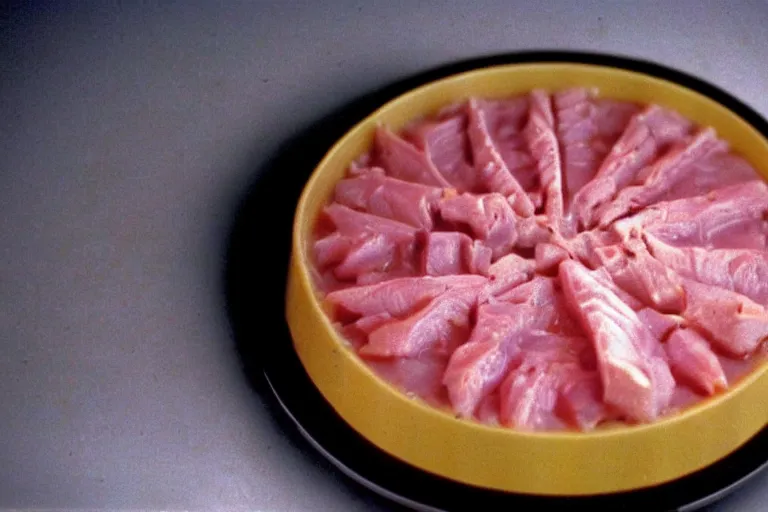 Prompt: tuna and cheese aspic in cyberspace, in 1 9 9 5, y 2 k cybercore, industrial low - light photography, still from a ridley scott movie