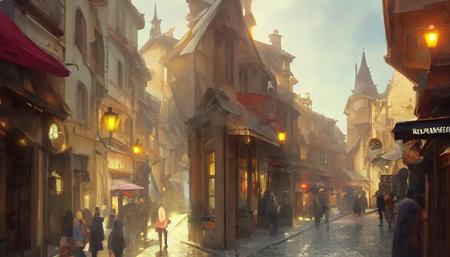 Image similar to Painting with a small european street from from cafe terrace. volumetric lighting, 4k, octane, digital painting, artstation, concept art, sharp focus, illustration, art by artgerm and greg rutkowski and alphonse mucha.