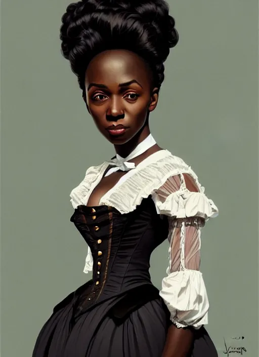 Image similar to a portrait of a young black woman with a crooked nose in victorian clothing, confident pose, intricate, elegant, sharp focus, illustration, highly detailed, concept art, matte, trending on artstation, anime, art by james jean and artgerm and brian despain and alberto mielgo, greg rutkowski, wlop, ilya kuvshinov, strong strokes