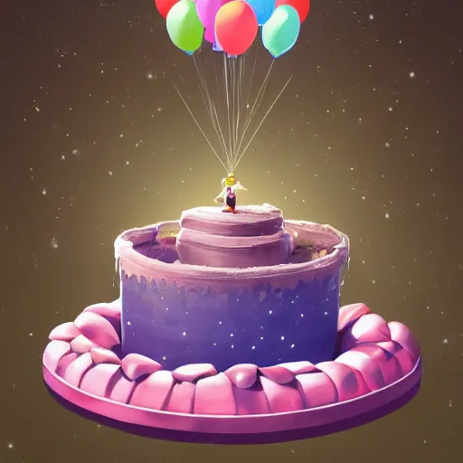 Image similar to a giant floating cake and plenty of floating birthday balloons. digital art, highly - detailed, sharp focus, artstation cgsociety masterpiece