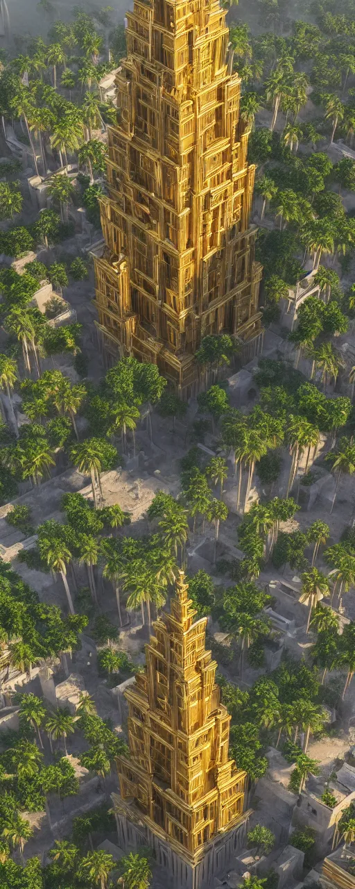 Image similar to eye level view of single tower, golden facade babylon tower, sacred ancient architecture, hanging gardens, cascading highrise, arid mountains with lush palm forest, sunlight, post - production, octane, cgi, sfx