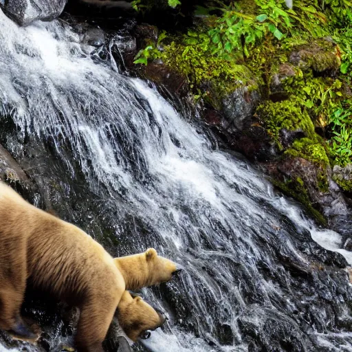 Image similar to dozens!!! of bears!!! catching salmon on a small waterfall in alaska, detailed, wide angle, 4 k