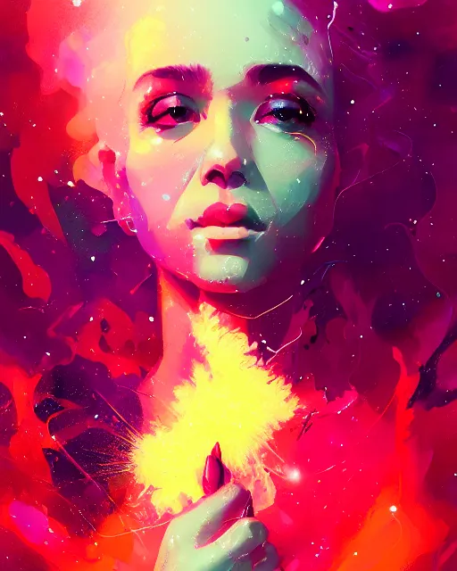 Prompt: liquid smoke beauty portrait, explosion of cosmic dust and sparkles, artgerm, ross tran, ismail inceoglu, sylvain sarrailh