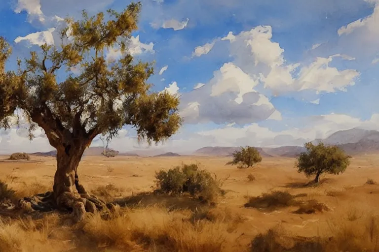 Prompt: watercolor painting of old, crooked olive tree in dry grassland, ambient lighting, art by hans gude, art by hans dahl, by jesper ejsing, art by anders zorn, wonderful masterpiece by greg rutkowski, cinematic light, american romanticism by greg manchess, creation by tyler edlin