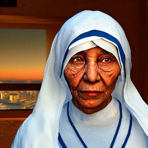 Image similar to Mother Theresa as a gangster in GTA5 8k hyperdetailed photorealism ultra high quality