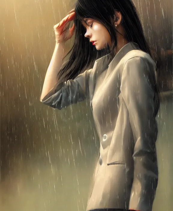 Image similar to an ultradetailed beautiful portrait painting of a stylish girl standing in the rain, side view, oil painting, high resolution, by ilya kuvshinov, greg rutkowski and makoto shinkai