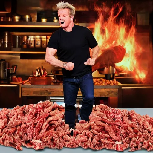 Image similar to Gordon Ramsey screaming at a giant pile of ground beef, photo, reality tv show lighting