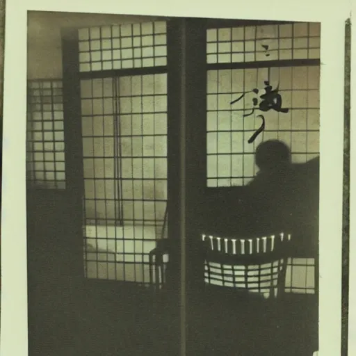 Image similar to vintage photograph of a ghost spotted inside a Japanese tea house, view from the street, nighttime