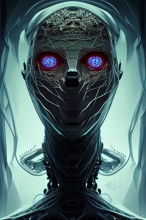 Prompt: professional concept art symmetrical portrait of a horror fractal robotic nightmare species in deep dark room by artgerm and greg rutkowski. an intricate, elegant, highly detailed digital painting, kubism, concept art, smooth, sharp focus, illustration, in the style of cam sykes.