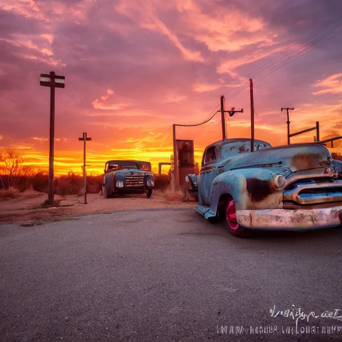 Image similar to a sunset light landscape with historical route 6 6, lots of sparkling details and sun ray ’ s, blinding backlight, smoke, volumetric lighting, colorful, octane, 3 5 mm, abandoned gas station, old rusty pickup - truck, beautiful epic colored reflections, very colorful heavenly, softlight