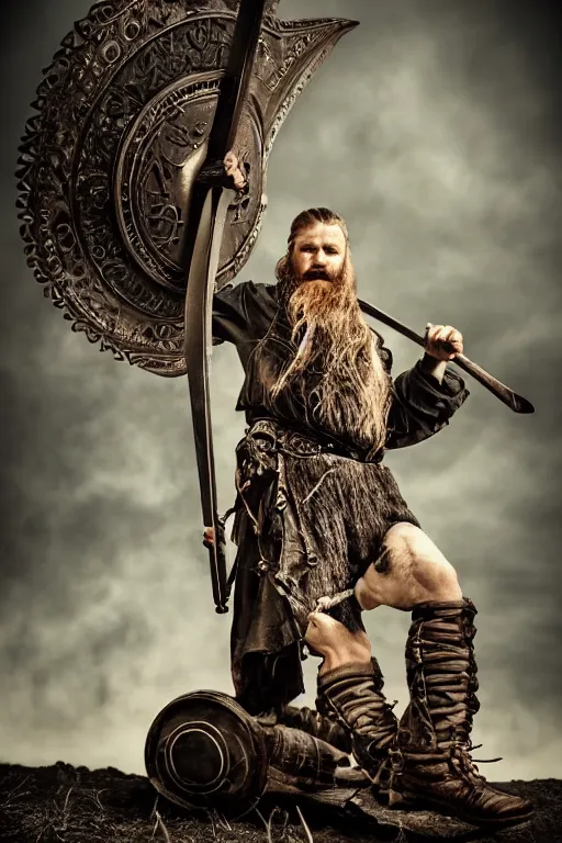 Image similar to old editorial vintage full body photo of ancient viking warrior with full beard on the complex big steam punk airboard with antigravity engine, extreme sports photography ,super high speed photogrphy, dynamic photography,symmetrical face, clean face, muscular body, high speed,dirt and grawel in air, lens flares, dust partiles in the air, dramatic lighting, intricate, highly detailed, centered, smooth, sharp focus, sports photography, old photo, black and white, sepia, cinematic lighting, cinematic angle, national geographic