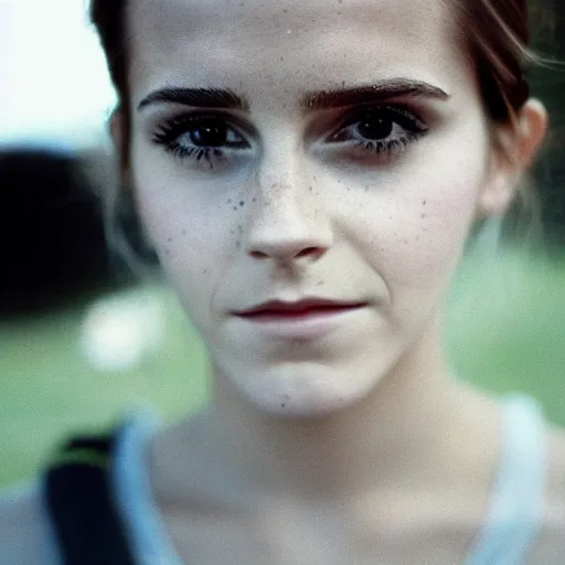 Image similar to photo, close up, emma watson in a hi vis vest, chewing tobacco, mouth full, portrait, kodak gold 2 0 0,