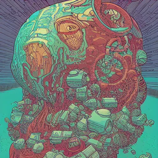 Image similar to sea full of crap been eaten from a big head, by josan gonzales and Dan Mumford