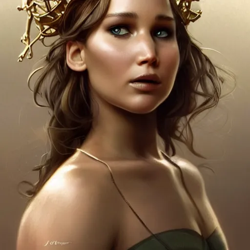 Image similar to an attractive young female with metal rings!!!! on her nose wearing an bone crown, jennifer lawrence, olive skin, long dark hair, beautiful bone structure, intricate, elegant, highly detailed, digital painting, artstation, concept art, smooth, sharp focus, illustration, art by artgerm and greg rutkowski and alphonse mucha