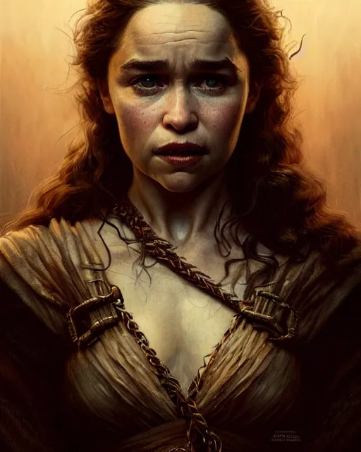 Image similar to emilia clarke, character portrait, portrait, close up, concept art, intricate details, highly detailed by greg rutkowski, michael whelan and gustave dore