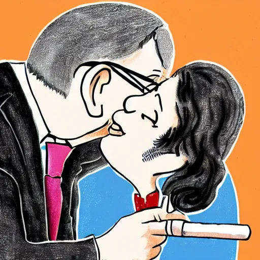 Image similar to caricature illustration of woody allen french - kissing a giant silver spoon