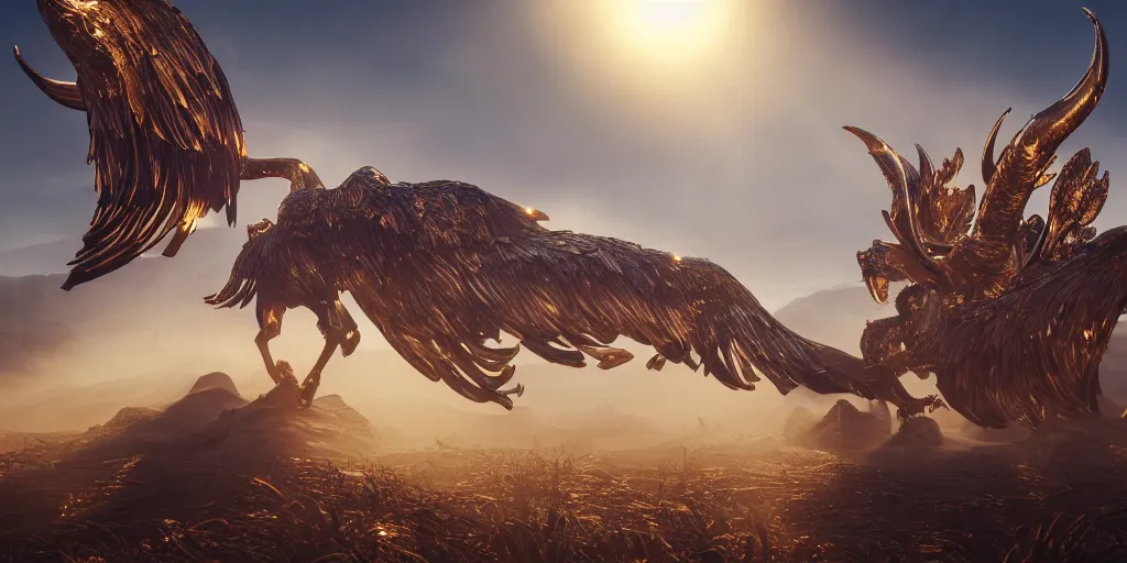 Image similar to bird wings, gold ram horns, copper goat skulls, grand imposing powerful sculpture. swirls of mist. sunrise, intense light beams, lens flare. occult photorealism, uhd, amazing depth, volumetric lighting, cinematic lighting. epic landscape.