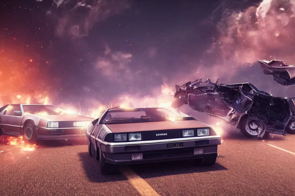 Image similar to ultra realistic delorean dmc 5 and trueno ae 8 6 drift on road wreckage orbiting earth in space, dark cinematic, volumetric, realistic, 3 d render, realistic render, cinematic lighting, volumetric lighting, atmospheric, cinematic, unreal engine 5, unreal engine render, octane render, hd, photorealism, hyper realistic, 8 k